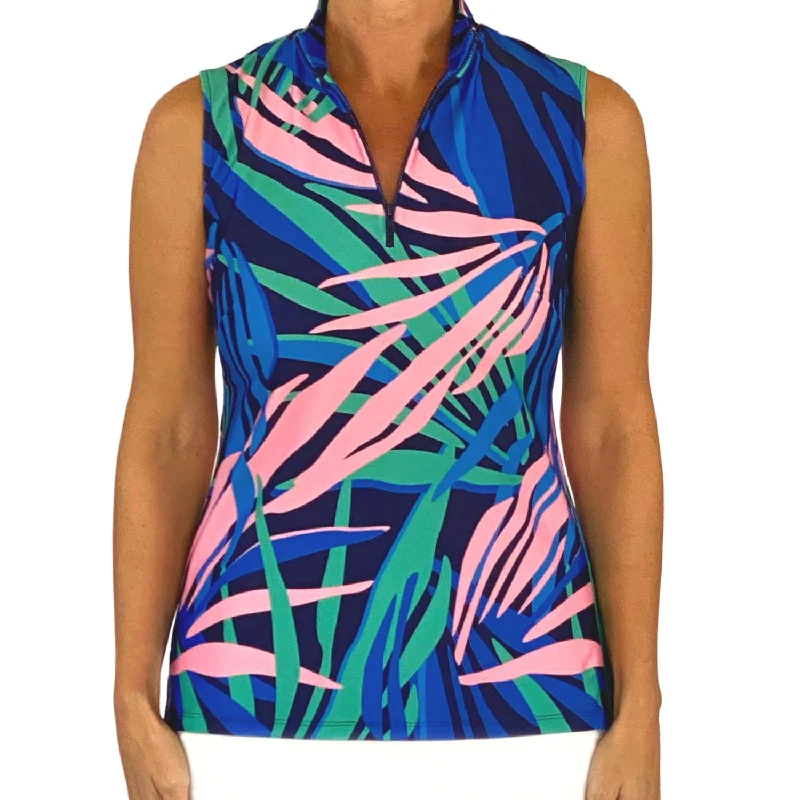 Women's Lenox Sleeveless Top In Tropical Leaves Navy And Pink Women's Fashion Hotspots