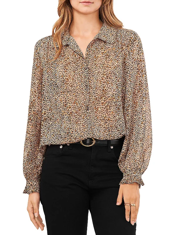 Womens Leopard V Neck Button-Down Top Limited Time Deal