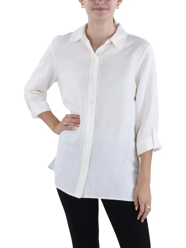 Womens Linen Blend Roll Tab Button-Down Top Forward Trendsetter