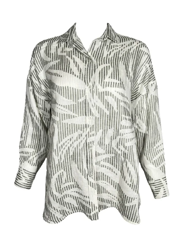 Women's Palm Print Linen Shirt In Sage Green Quality Driven Apparel