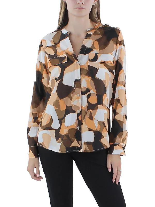 Womens Printed Adjustable Sleeves Button-Down Top Trendy Threads