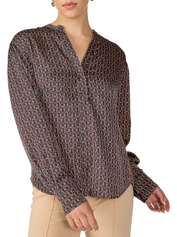 Womens Printed Long Sleeve Button-Down Top Daily Deals