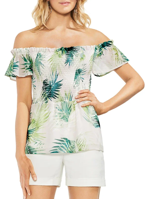 Womens Printed Off-The-Shoulder Pullover Top Contemporary Elegance