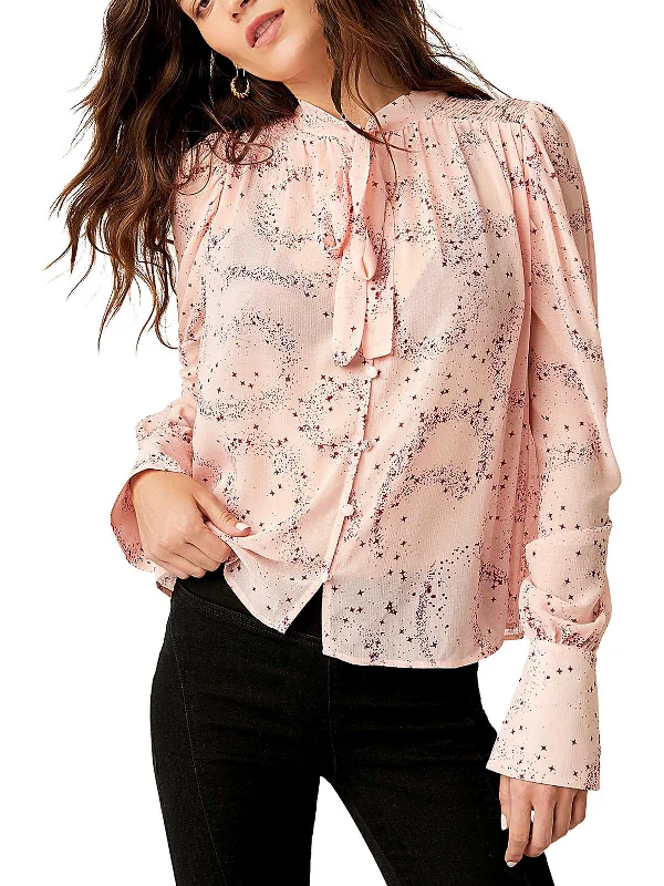 Womens Printed Tie neck Button-Down Top Don't Miss Out