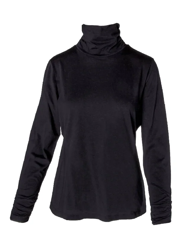 Women's Ruched Turtleneck Top In Black Evening Elegance