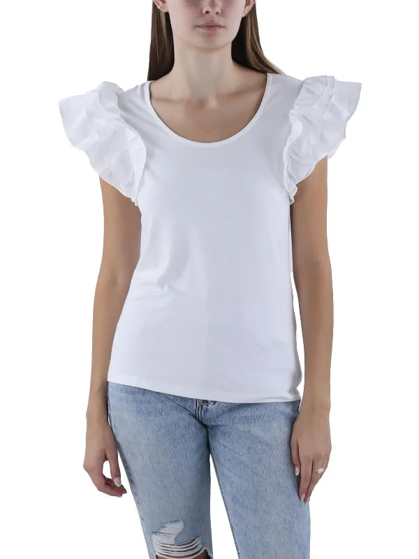 Womens Ruffle Sleeves Scoop Neck Pullover Top Summer Deals