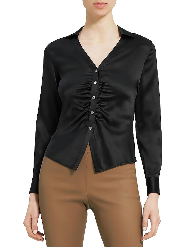 Womens Satin Button-Down Top Fashion-Forward