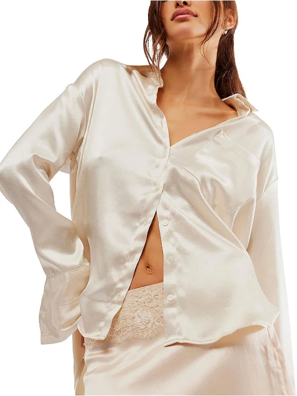 Womens Satin Collared Button-Down Top Sleek Design