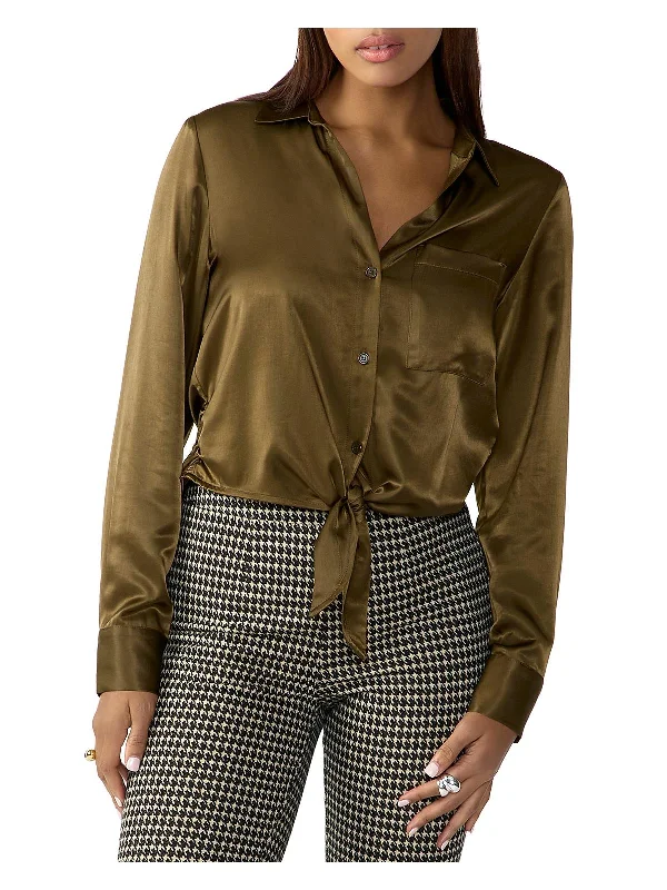 Womens Satin Tie Front Button-Down Top Limited Time Offer