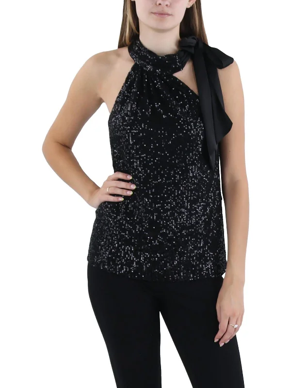 Womens Sequined Mock Neck Halter Top Fashion Sale