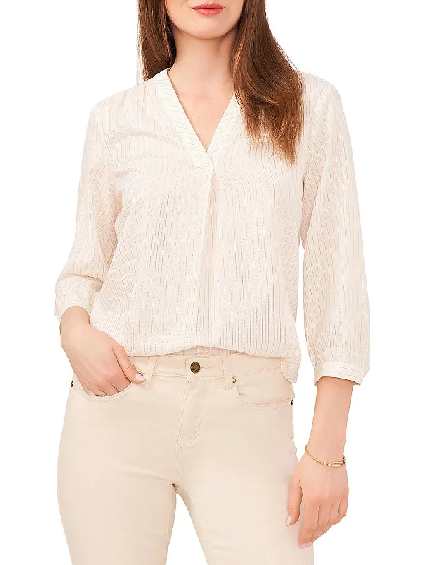 Womens Shimmer V Neck Button-Down Top Style Upgrade