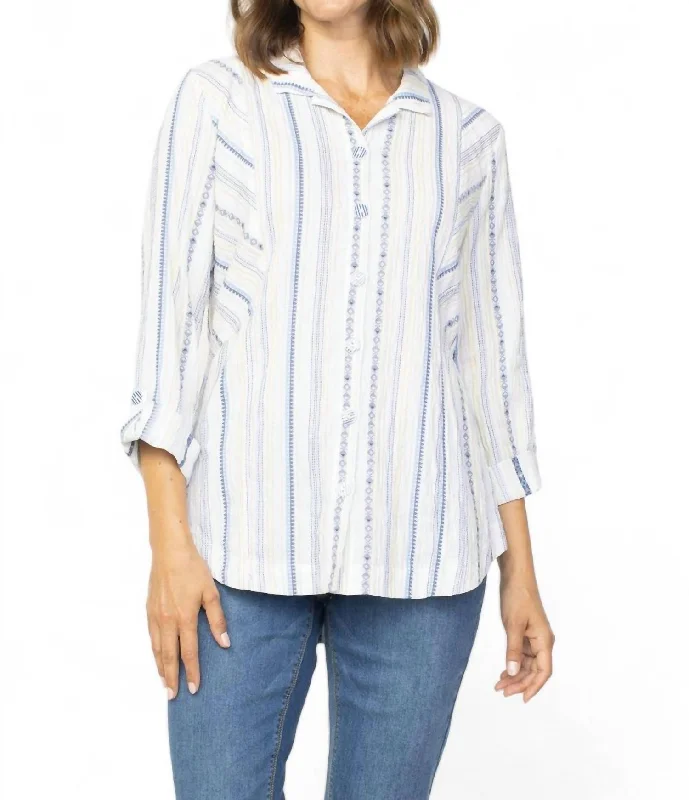 Women's Woven Button Up Curved Hem Long Top In White Luxe Women's Apparel