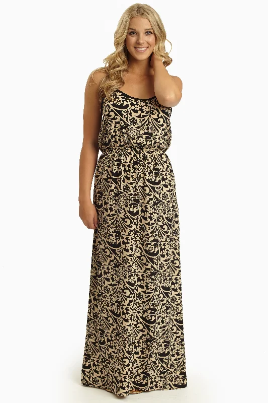 Black Beige Floral Printed Maxi Dress Effortless Comfort