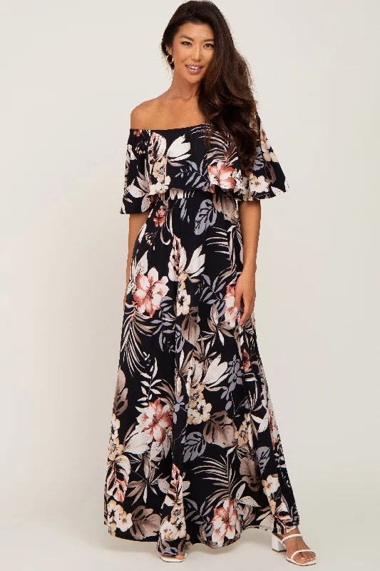 Black Floral Flounce Off Shoulder Maxi Dress Dreamy Aesthetic