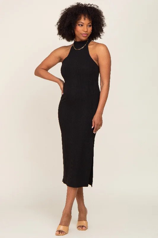 Black Ribbed Mock Neck Sleeveless Side Slit Midi Dress Soft Textures