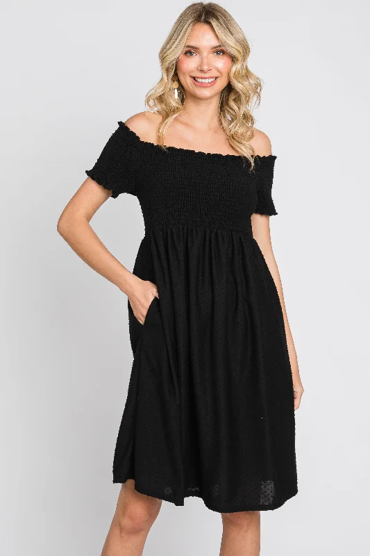 Black Swiss Dot Off Shoulder Dress Exclusive Discount