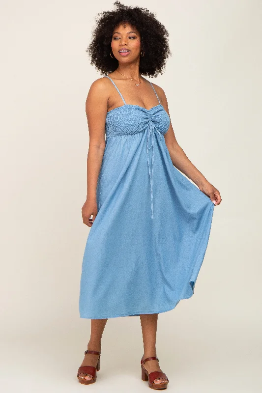 Blue Chambray Cinched Smocked Midi Dress Casual Chic