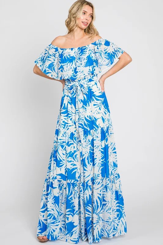 Blue Leaf Print Strapless Tiered Maxi Dress Huge Markdowns