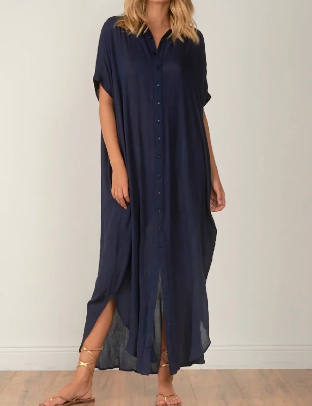 Button Down Maxi Dress In Navy Premium Quality Garments