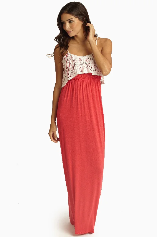 Coral Ivory Lace Overlay Maxi Dress Fashion Forward Style