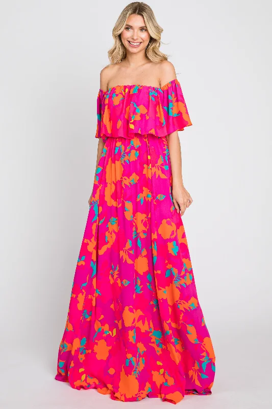 Fuchsia Floral Strapless Flounce Maxi Dress Urban Femme Streetwear