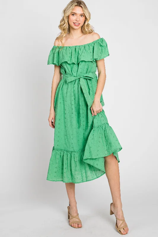 Green Eyelet Embroidered Ruffle Off Shoulder Midi Dress Wardrobe Essentials