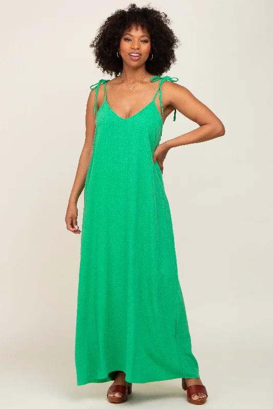 Green Linen V-Neck Tie Strap Maxi Dress Chic And Trendy