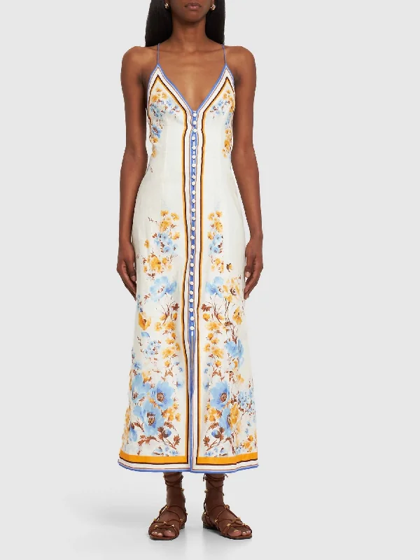 Halcyon Printed Linen Maxi Slip Dress In Orange/blue Floral Hot Trends