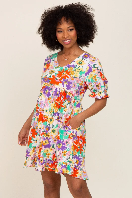 Ivory Floral V-Neck Puff Sleeve Dress Elevate Your Wardrobe