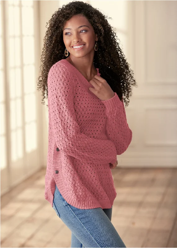 Button Detail Sweater - Pink Top Deals