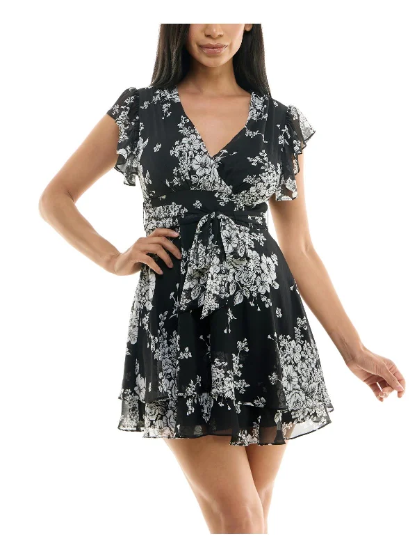 Juniors Womens Floral Print Polyester Fit & Flare Dress Fashion Sale