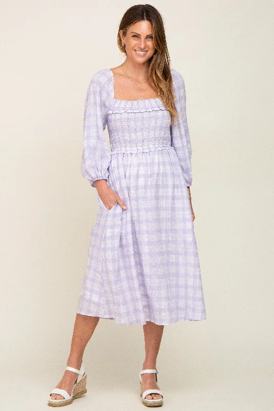 Lavender Plaid Smocked Square Neck Lace-Up Back Midi Dress Stylish Spring Fashion