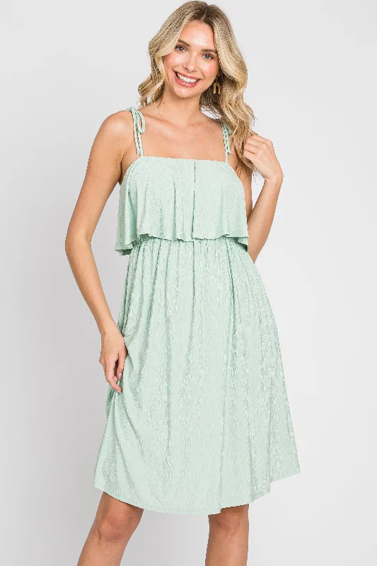 Light Olive Ruffle Overlay Shoulder Tie Dress Bold Silhouette