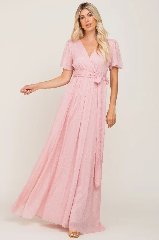 Light Pink Metallic Shimmer Chiffon Maxi Dress Timeless Elegant