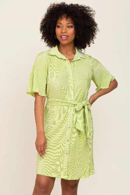 Lime Pleated Button Front Tied Waist Dress Limited Stock