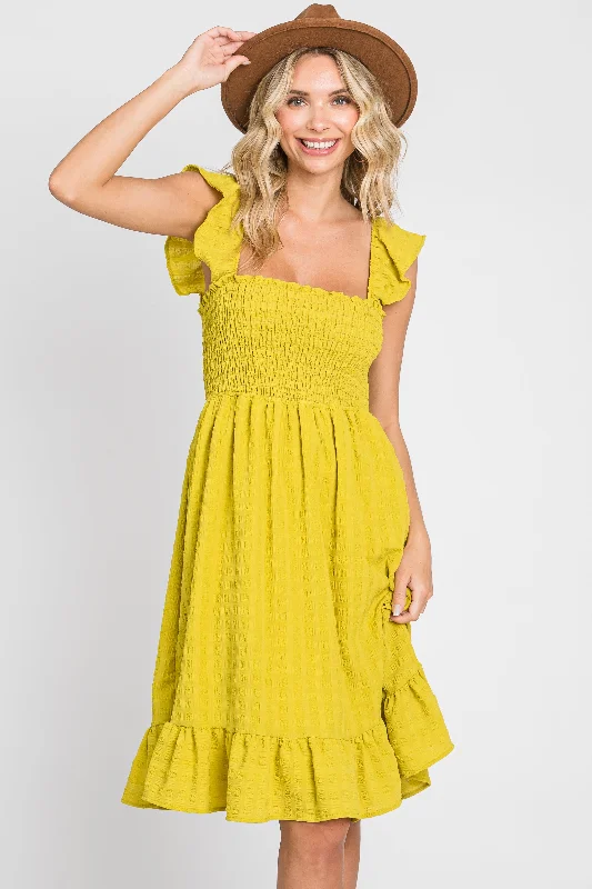 Lime Textured Sleeveless Smocked Dress Elegant Style