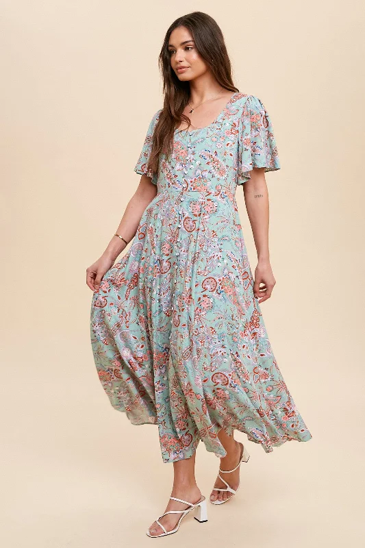 Mint Green Floral Button Front Short Flutter Sleeve Maxi Dress Style Without Limits