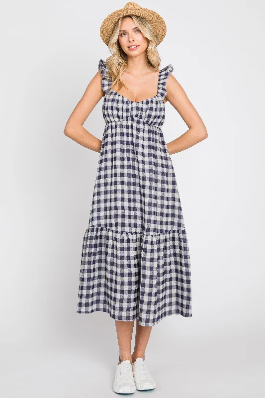 Navy Blue Checkered Linen Sweetheart Neck Ruffle Strap Midi Dress Chic Allure