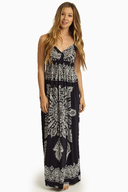 Navy Blue White Printed Maxi Dress Statement Piece