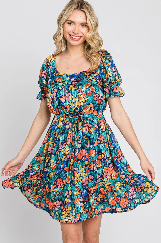 Navy Floral Chiffon Ruffle Accent Dress Unbeatable Deals