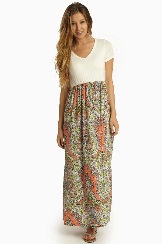 Neon Coral Paisley Print Bottom Maxi Dress Casual Elegance