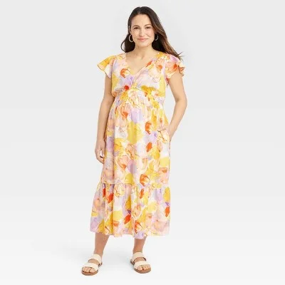 New - Flutter Sleeve Short Woven Maternity Dress - Isabel Maternity by Ingrid & Isabel Yellow Floral XL Effortless Comfort