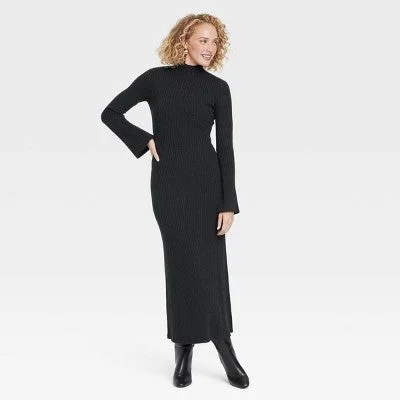 New - Women's Long Sleeve Maxi Sweater Dress - A New Day Black L Classic Appeal