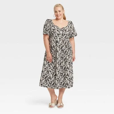 New - Women's Short Sleeve Midi Dress - A New Day Black/White Floral 24 Statement Piece