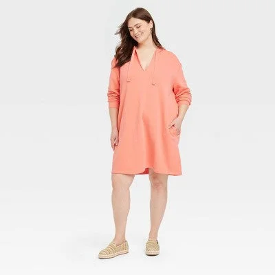 Open Box - Women's Long Sleeve Mini Fleece Tunic Dress - Universal Thread Coral Orange XXL Trendsetter's Closet