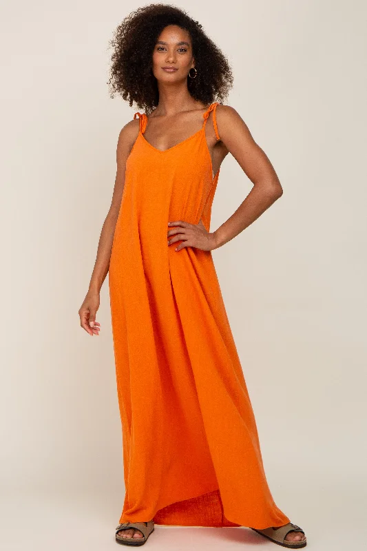 Orange Linen V-Neck Tie Strap Maxi Dress Trendy Styles