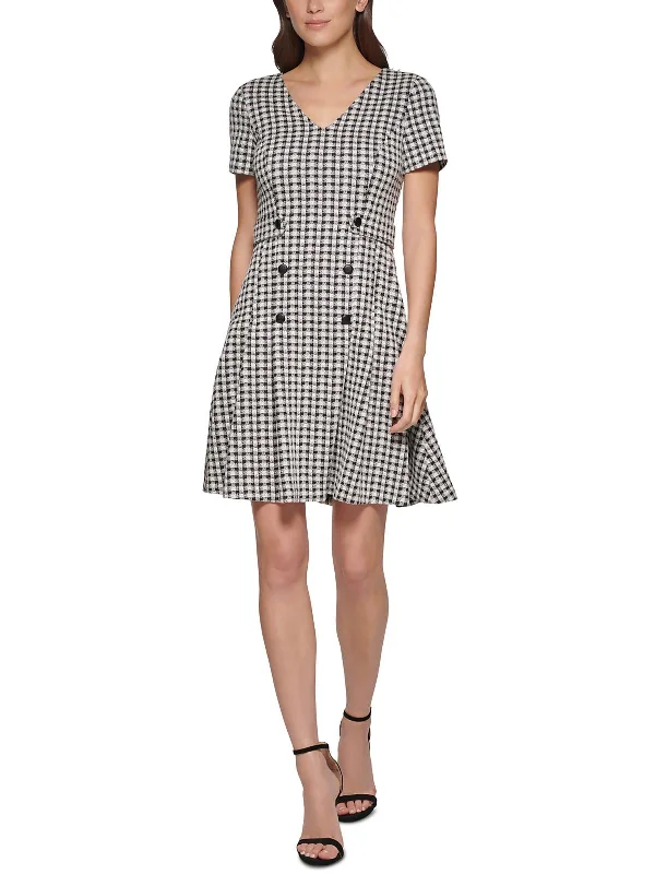 Petites Womens Checkered Gingham Fit & Flare Dress Exclusive Sale