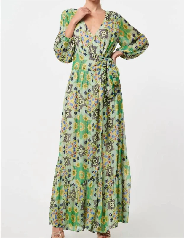 Shani Printed Shimmer Maxi Wrap Dress In Green Multi Budget Friendly