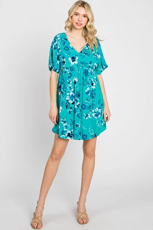 Teal Tropical Floral V-Neck Short Sleeve Dress Flash Sale