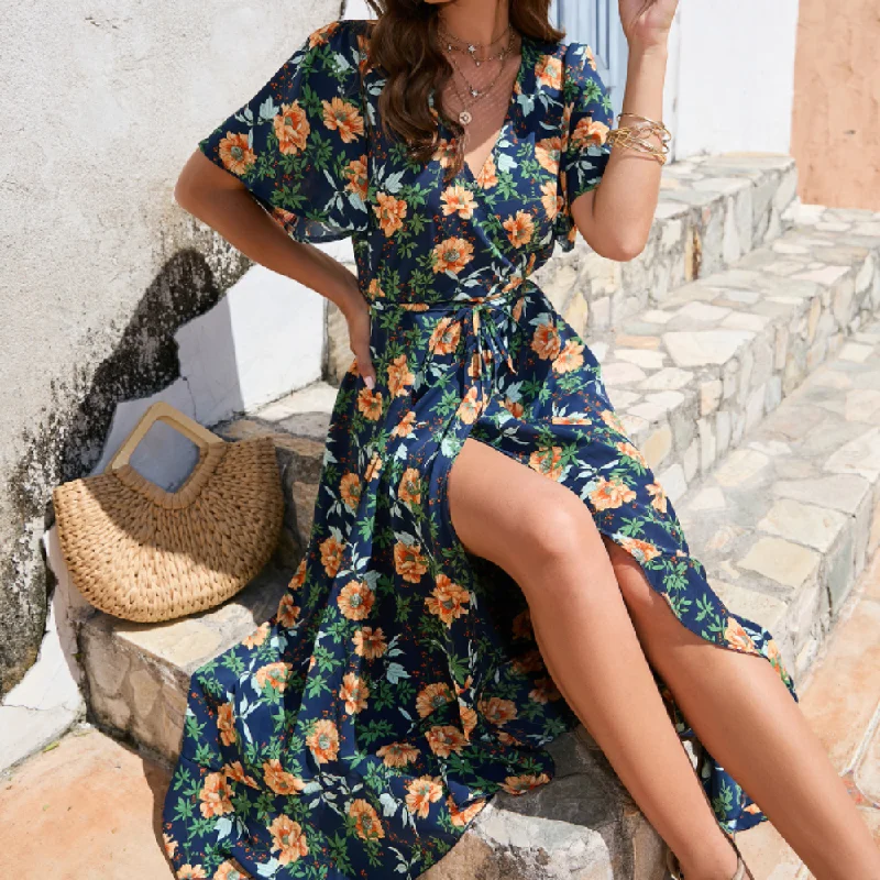 Women Wrap Style Summer Floral Dress With Ruffles Elegant Contour